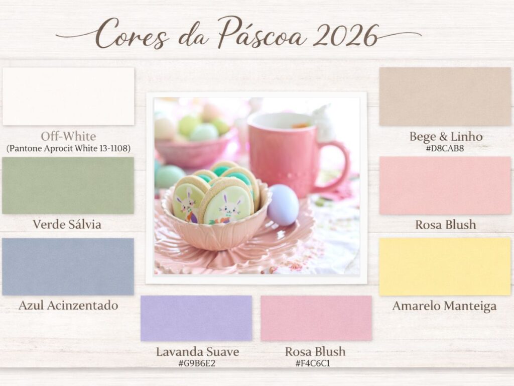 Paleta de cores da Páscoa 2026 com off-white, verde sálvia, rosa blush, lavanda e amarelo manteiga