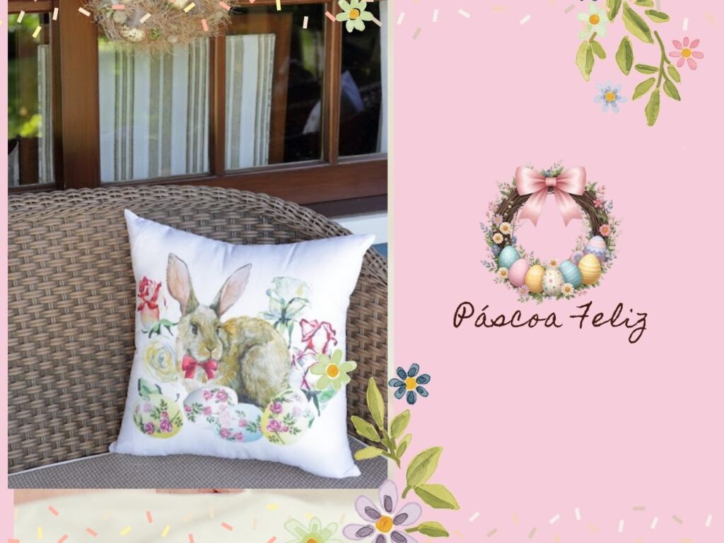 Guirlanda de Páscoa composta por tulipas de seda em tons de rosa e creme, folhas verdes e ovos decorativos rosados sobre fundo rosa.