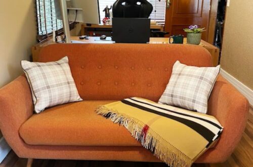 Sofá cor terracota com almofadas xadrez e manta bege, estilo farmhouse sofisticado em escritório.