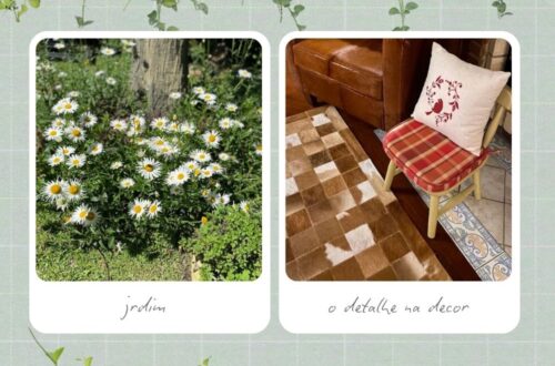 Montagem de fotos com margaridas brancas no jardim e detalhe de cadeira com almofada bordada de passarinho, exemplificando o olhar criativo na decoração funcional.